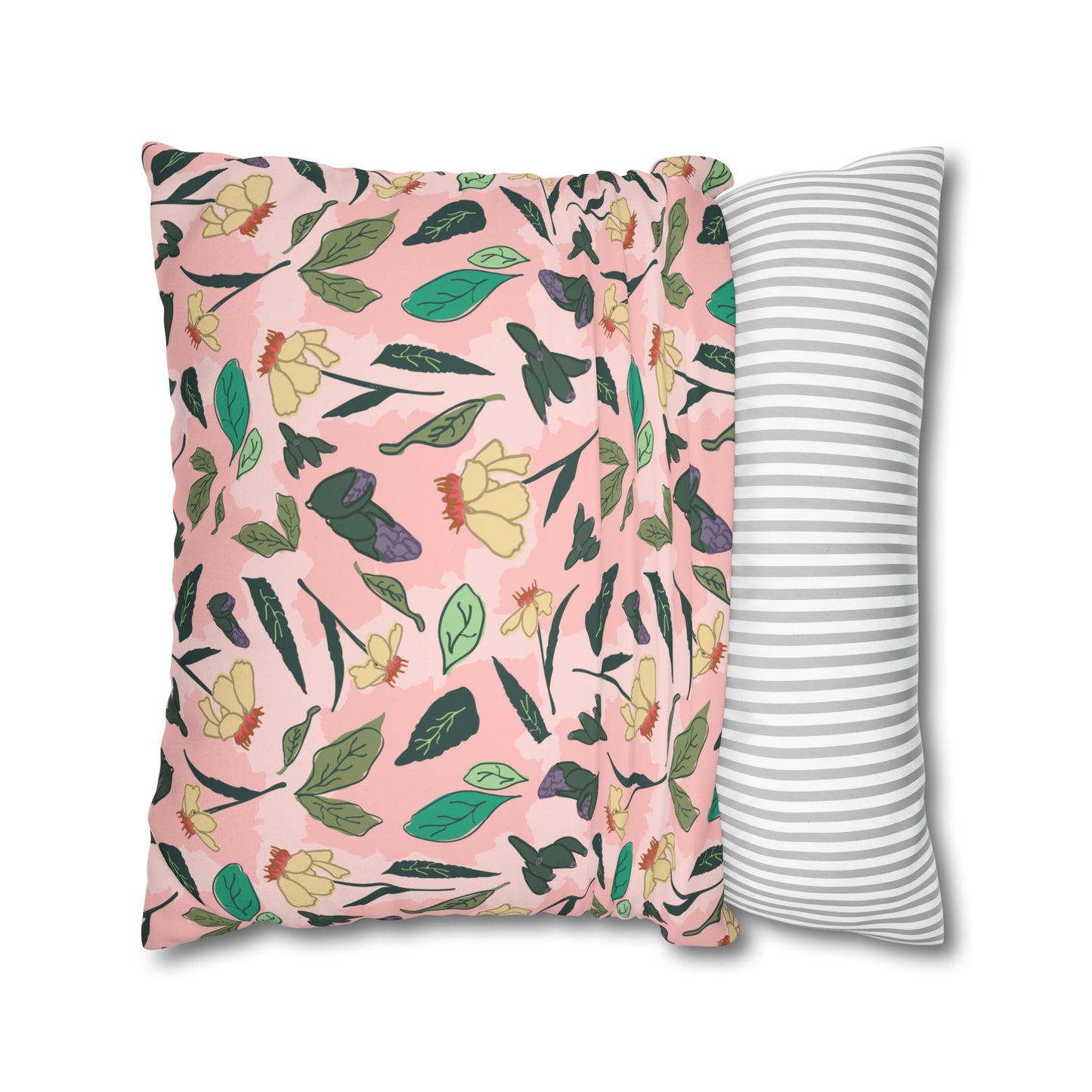 Floral Pink Faux Suede Square Pillowcase – Soft Botanical Throw Pillow Cover