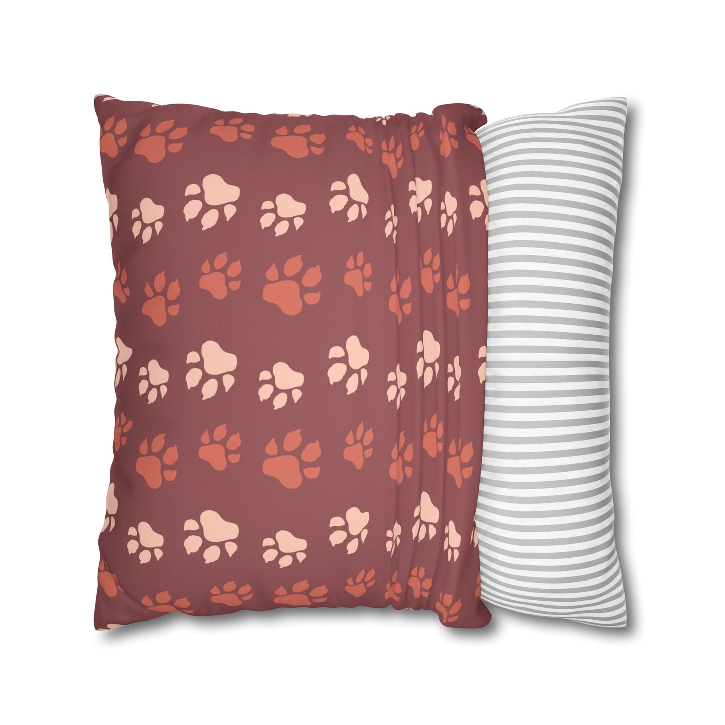 Paw Print Faux Suede Pillowcase — Rust Pet Pattern Square Throw Cover
