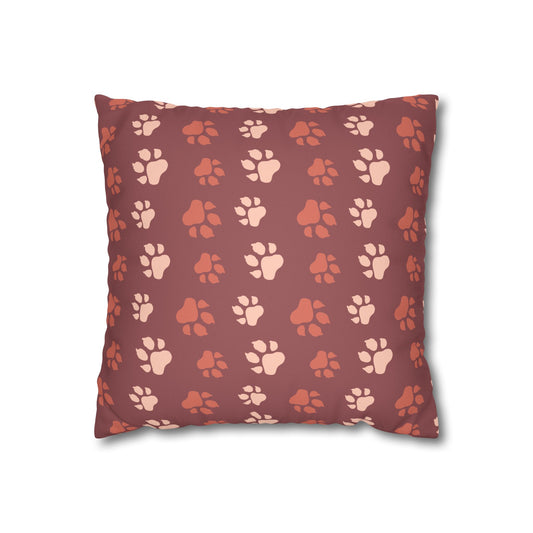 Paw Print Faux Suede Pillowcase — Rust Pet Pattern Square Throw Cover