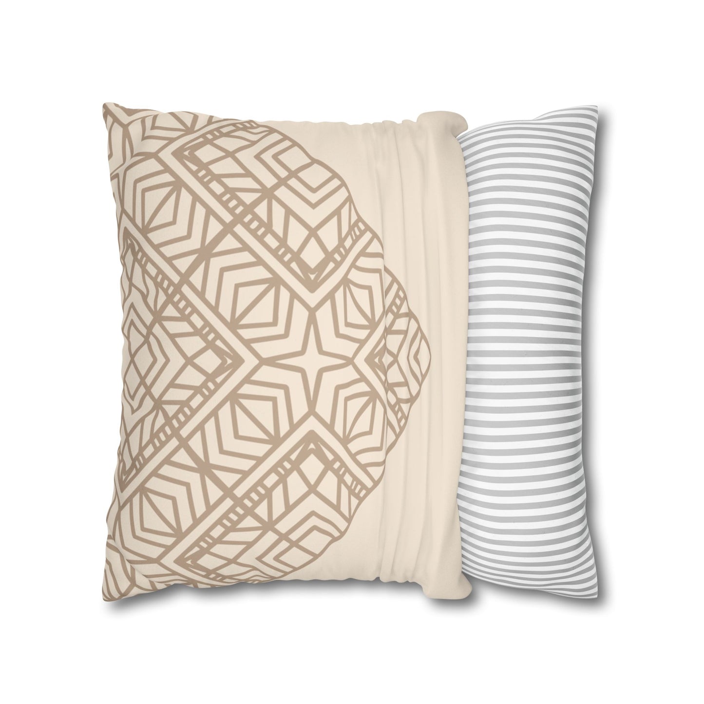 Beige Geometric Mandala Faux Suede Pillow Cover — Square Decorative Throw Pillowcase