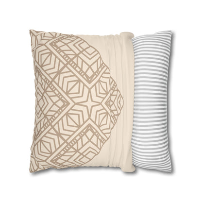 Beige Geometric Mandala Faux Suede Pillow Cover — Square Decorative Throw Pillowcase