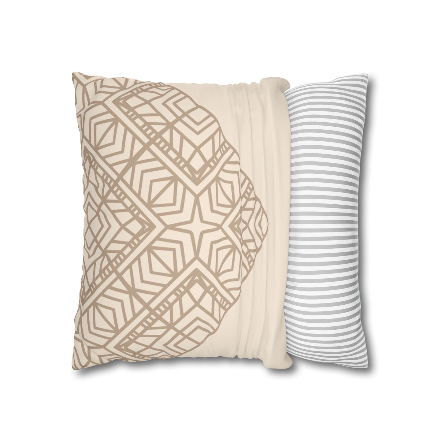 Beige Geometric Mandala Faux Suede Pillow Cover — Square Decorative Throw Pillowcase