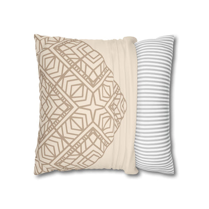 Beige Geometric Mandala Faux Suede Pillow Cover — Square Decorative Throw Pillowcase