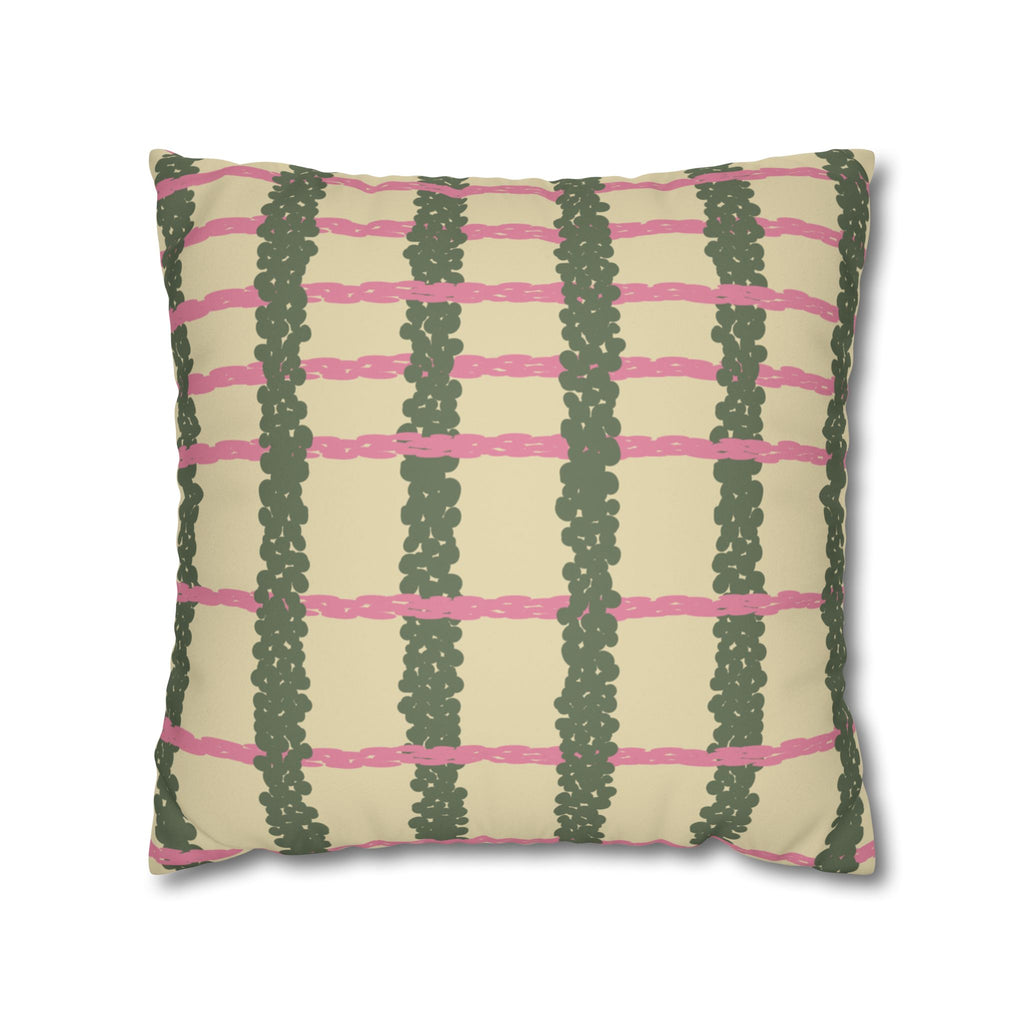 Pink & Olive Plaid Grid Faux Suede Pillow Cover