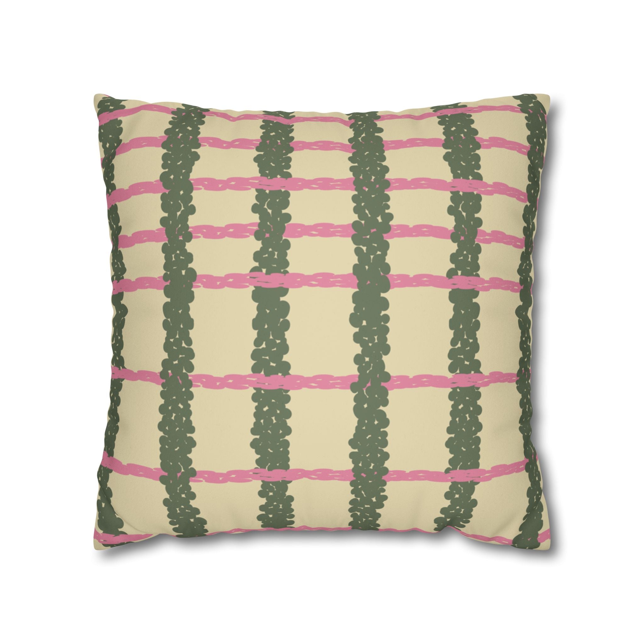 Pink & Olive Plaid Grid Faux Suede Pillow Cover