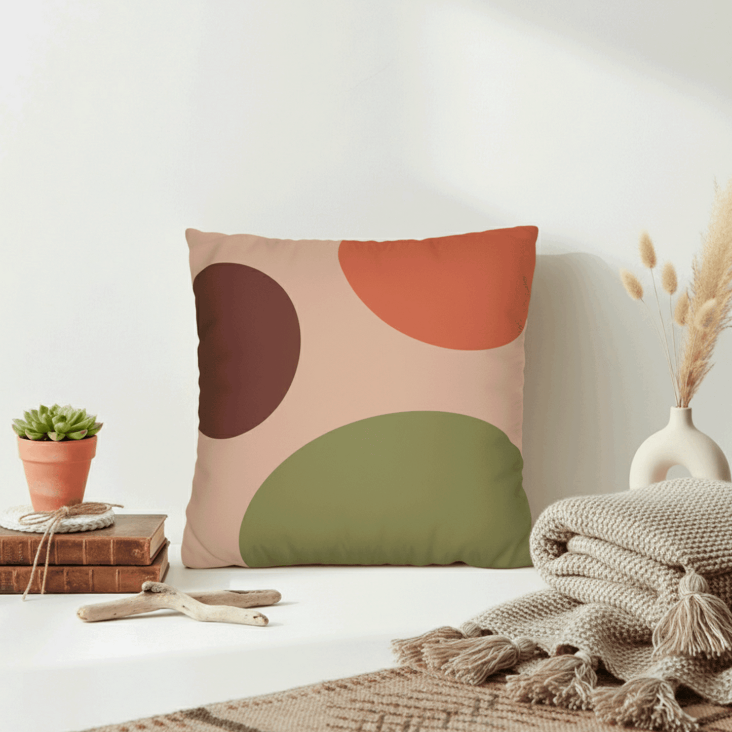 Abstract Earth-Tone Square Pillowcase — Midcentury Modern Boho Decorative Throw Pillow