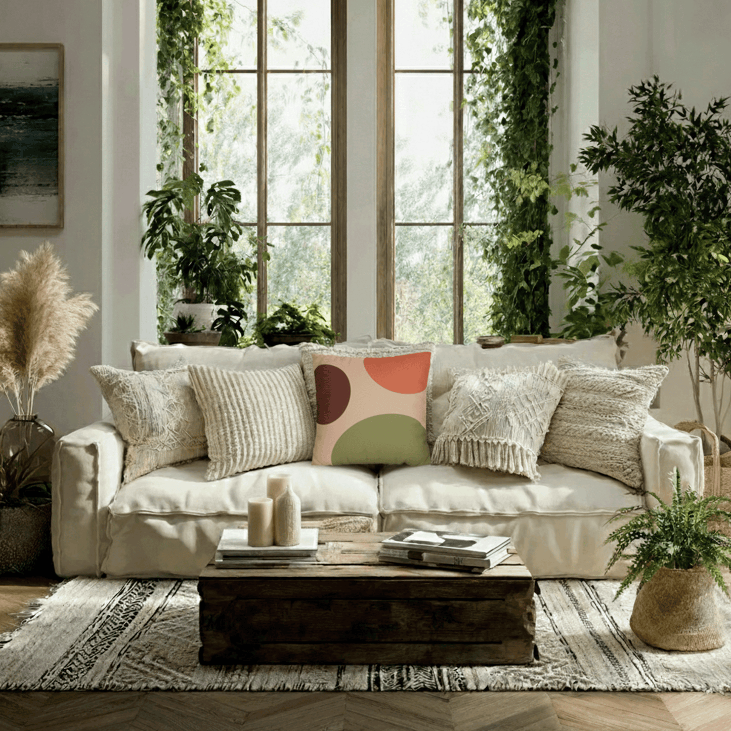 Abstract Earth-Tone Square Pillowcase — Midcentury Modern Boho Decorative Throw Pillow