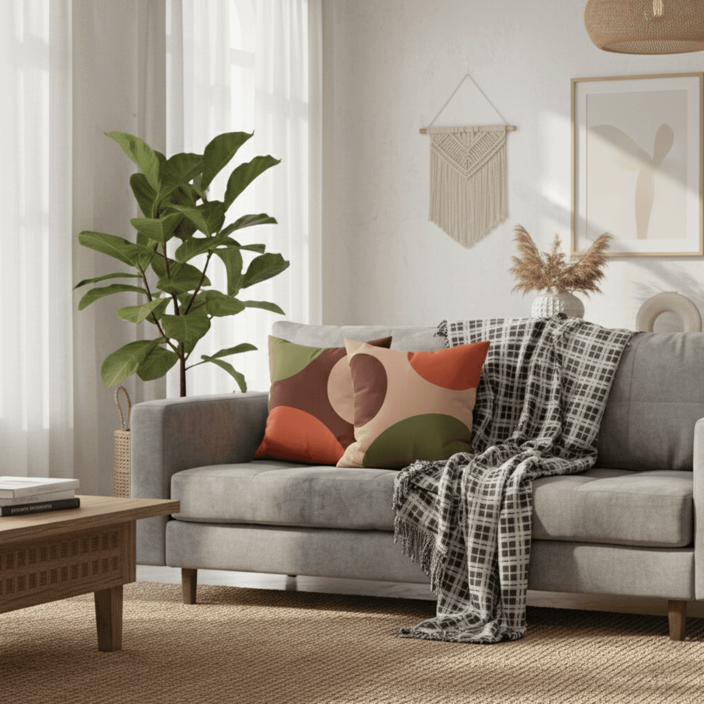 Abstract Earth-Tone Square Pillowcase — Midcentury Modern Boho Decorative Throw Pillow