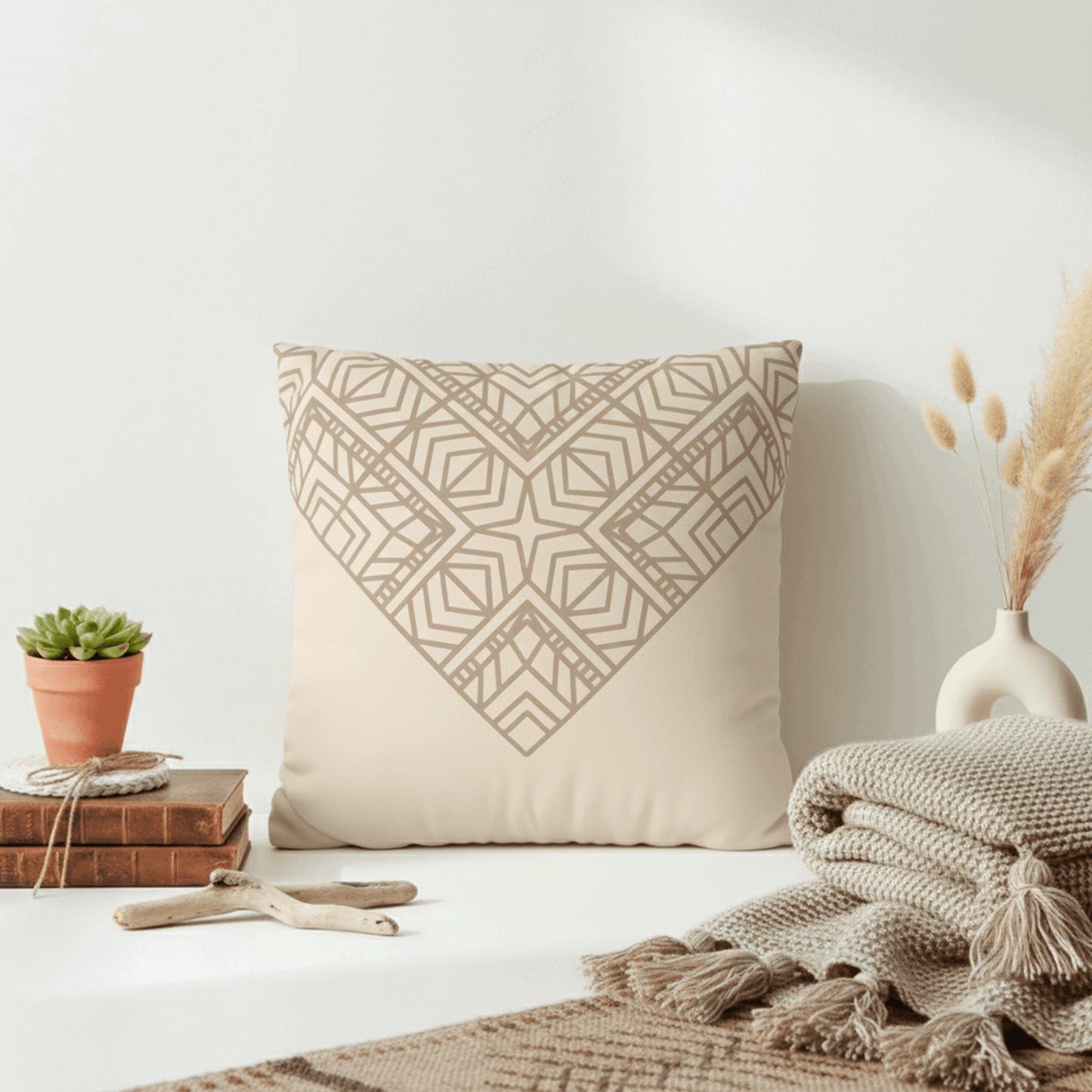 Beige Geometric Mandala Faux Suede Pillow Cover — Square Decorative Throw Pillowcase