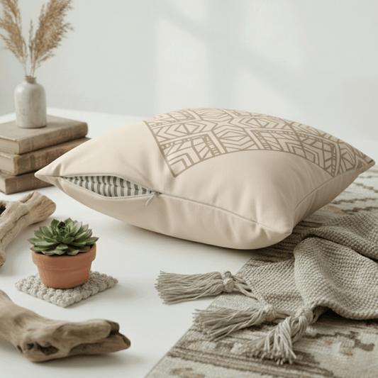 Beige Geometric Mandala Faux Suede Pillow Cover — Square Decorative Throw Pillowcase