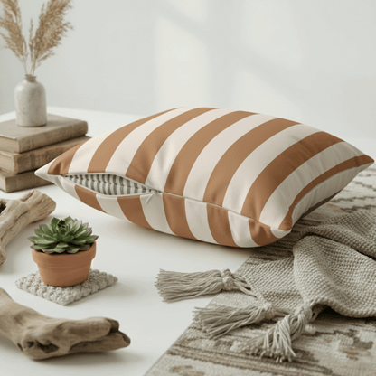 Striped Faux Suede Pillowcase – Neutral Tan & Cream Square Decorative Pillow Cover