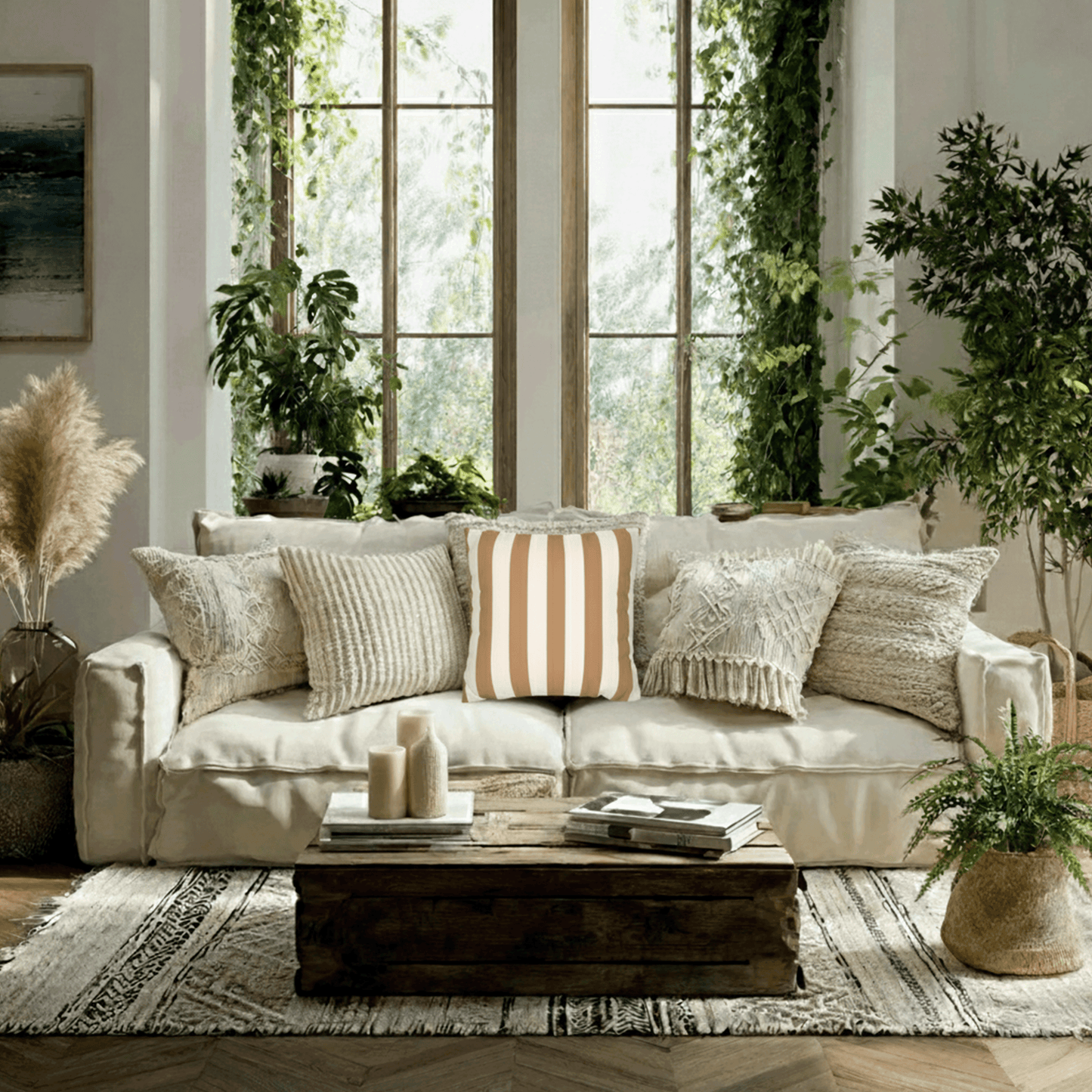 Striped Faux Suede Pillowcase – Neutral Tan & Cream Square Decorative Pillow Cover