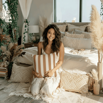 Striped Faux Suede Pillowcase – Neutral Tan & Cream Square Decorative Pillow Cover