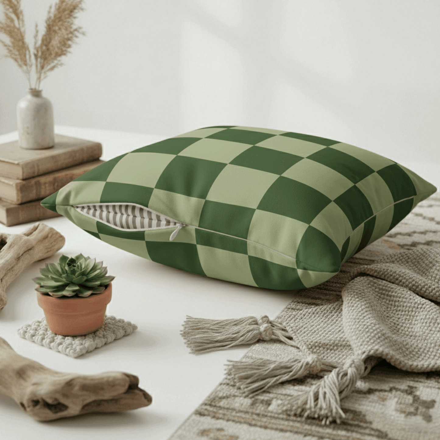 Green Checkerboard Faux Suede Pillowcase