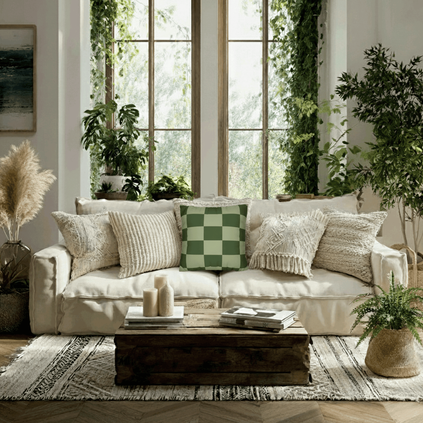 Green Checkerboard Faux Suede Pillowcase