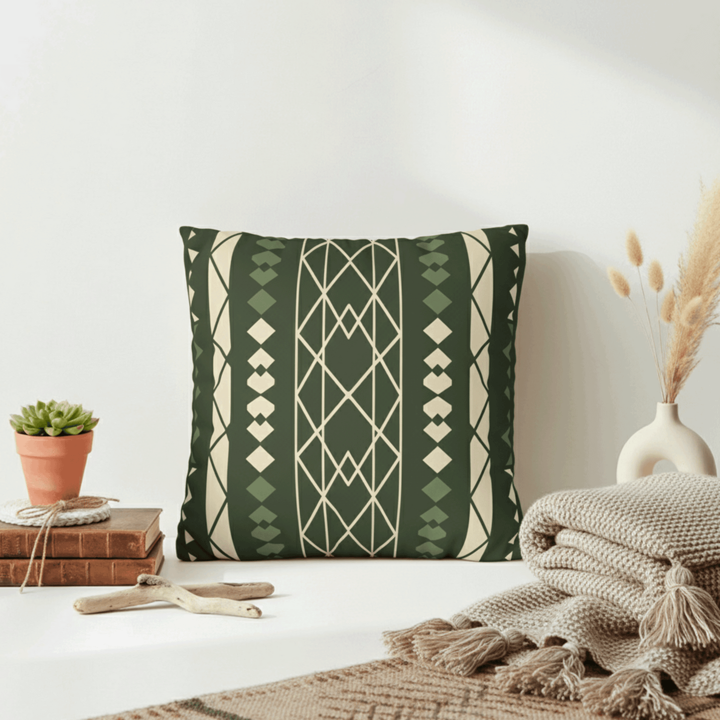 Green Aztec Faux Suede Pillowcase — Square Decorative Throw Pillow Cover