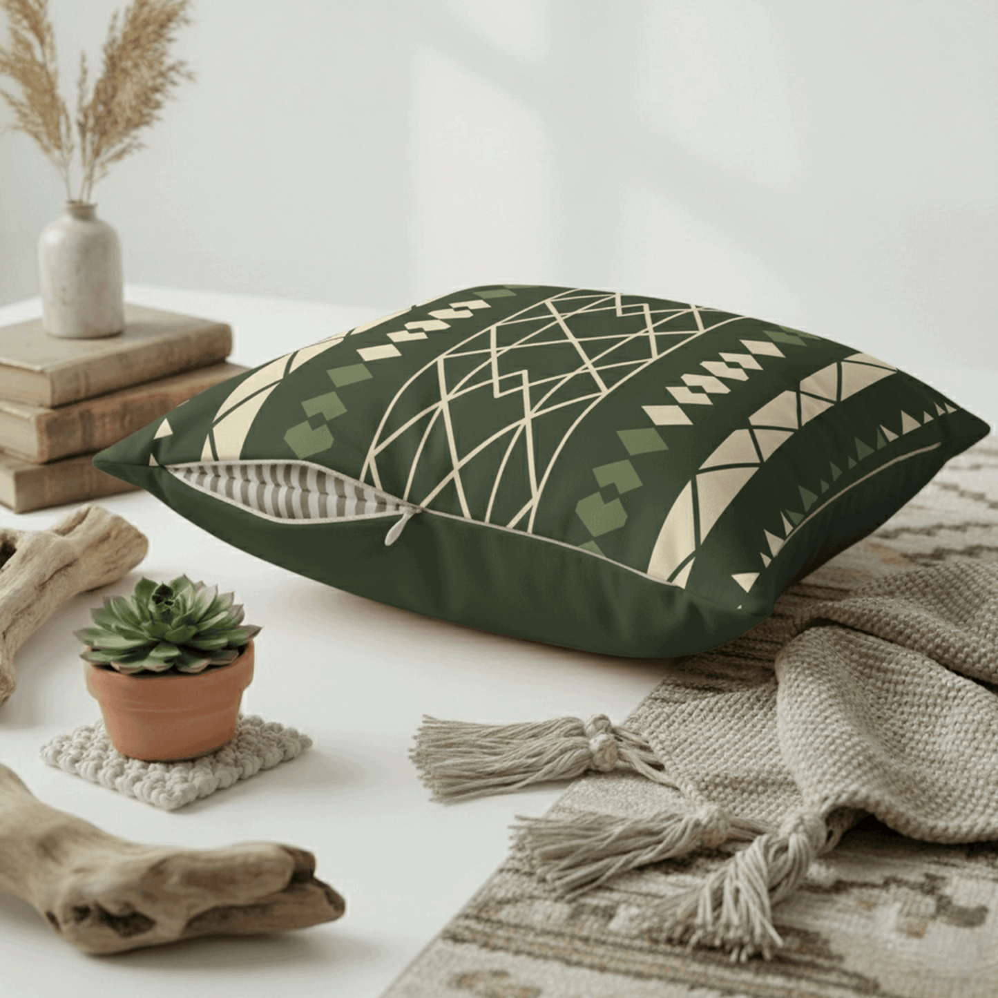 Green Aztec Faux Suede Pillowcase — Square Decorative Throw Pillow Cover