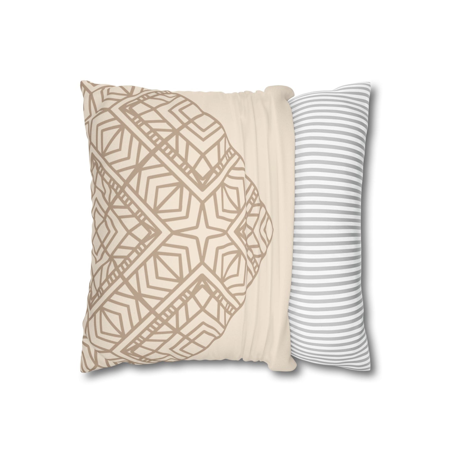 Beige Geometric Mandala Faux Suede Pillow Cover — Square Decorative Throw Pillowcase
