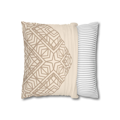 Beige Geometric Mandala Faux Suede Pillow Cover — Square Decorative Throw Pillowcase
