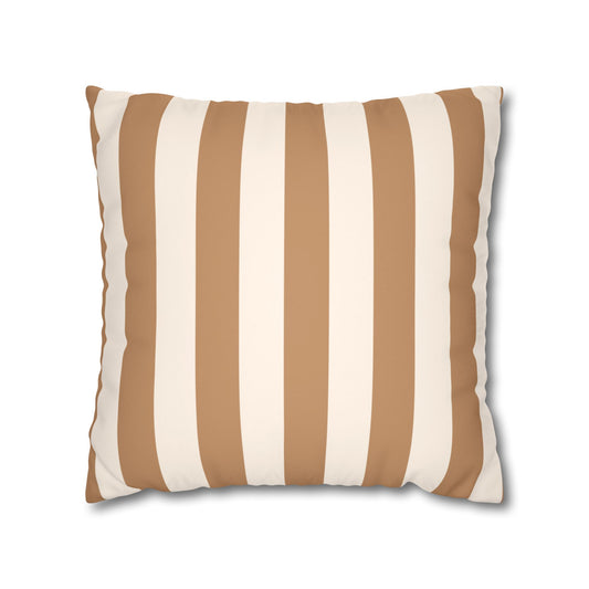 Striped Faux Suede Pillowcase – Neutral Tan & Cream Square Decorative Pillow Cover