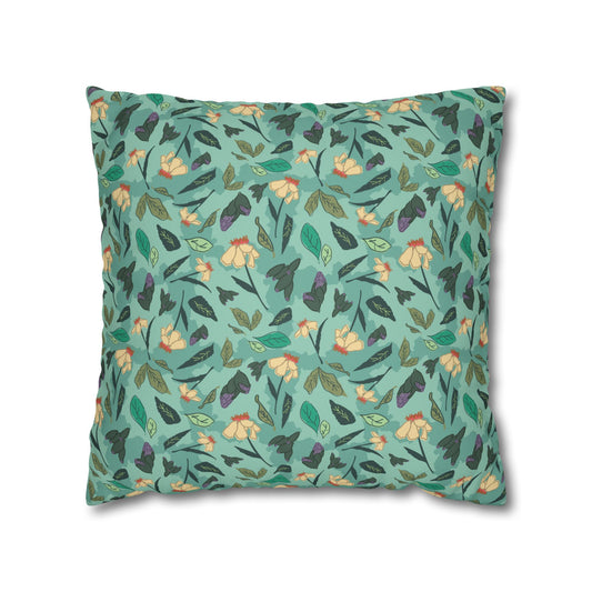 Teal Tossed Daisies Floral Faux Suede Pillowcase – Botanical Leaf & Yellow Bloom Accent