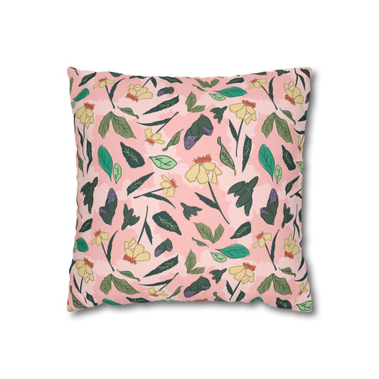 Floral Pink Faux Suede Square Pillowcase – Soft Botanical Throw Pillow Cover