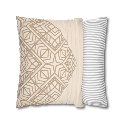 Beige Geometric Mandala Faux Suede Pillow Cover — Square Decorative Throw Pillowcase