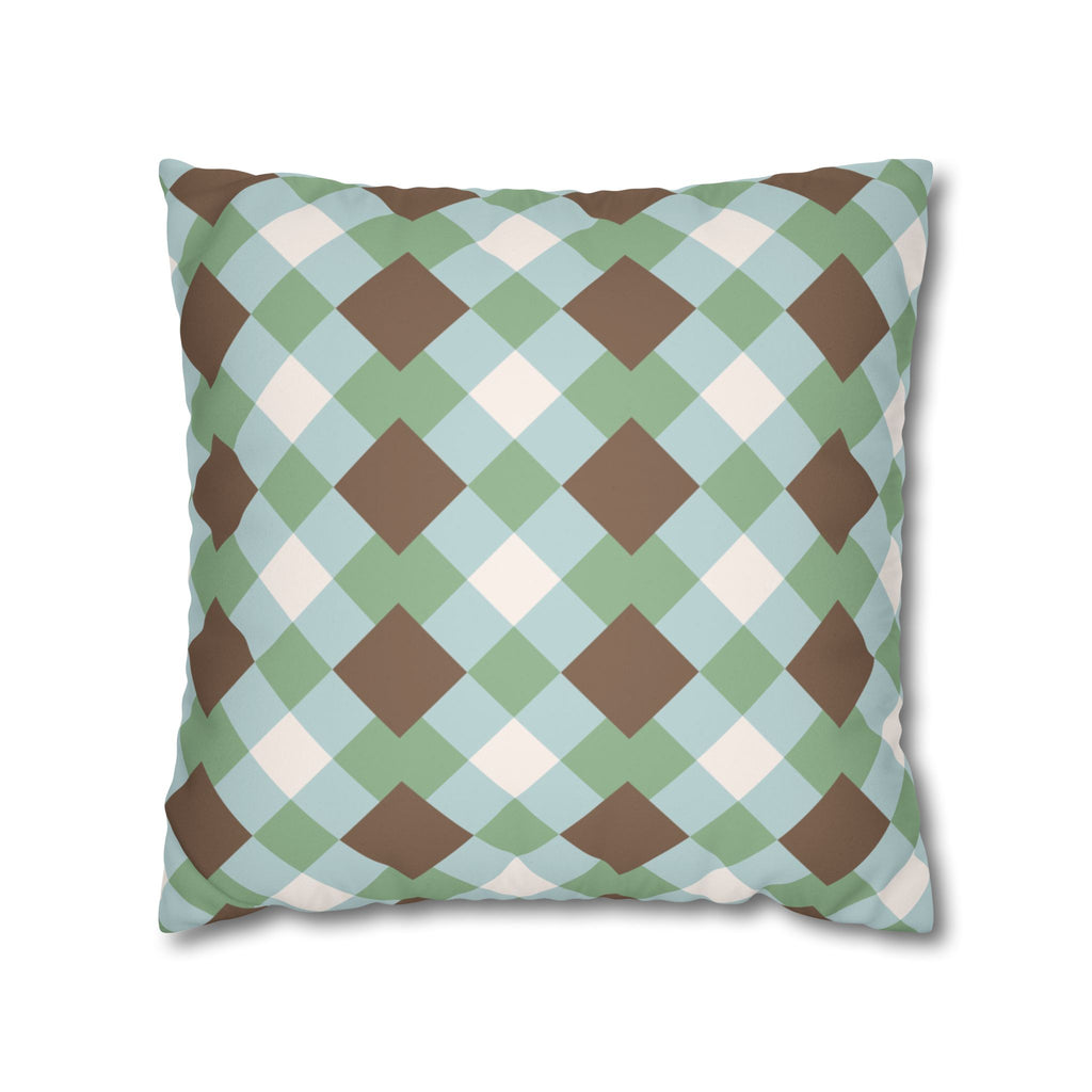 Mint & Brown Geometric Plaid Faux Suede Pillow Cover