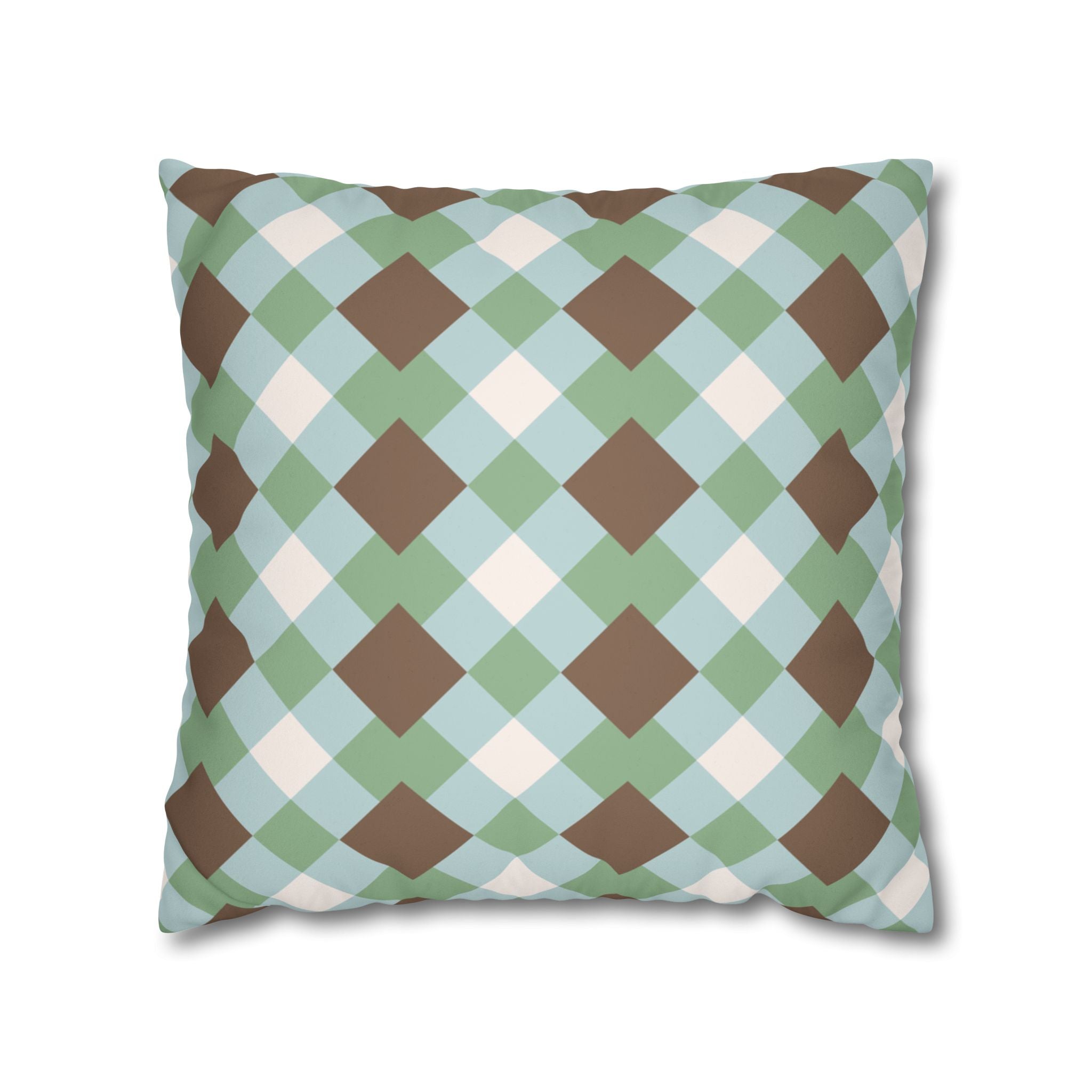 Mint & Brown Geometric Plaid Faux Suede Pillow Cover