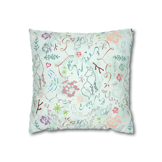 Floral Foxes Faux Suede Pillowcase — Pastel Botanical Square Pillow Cover