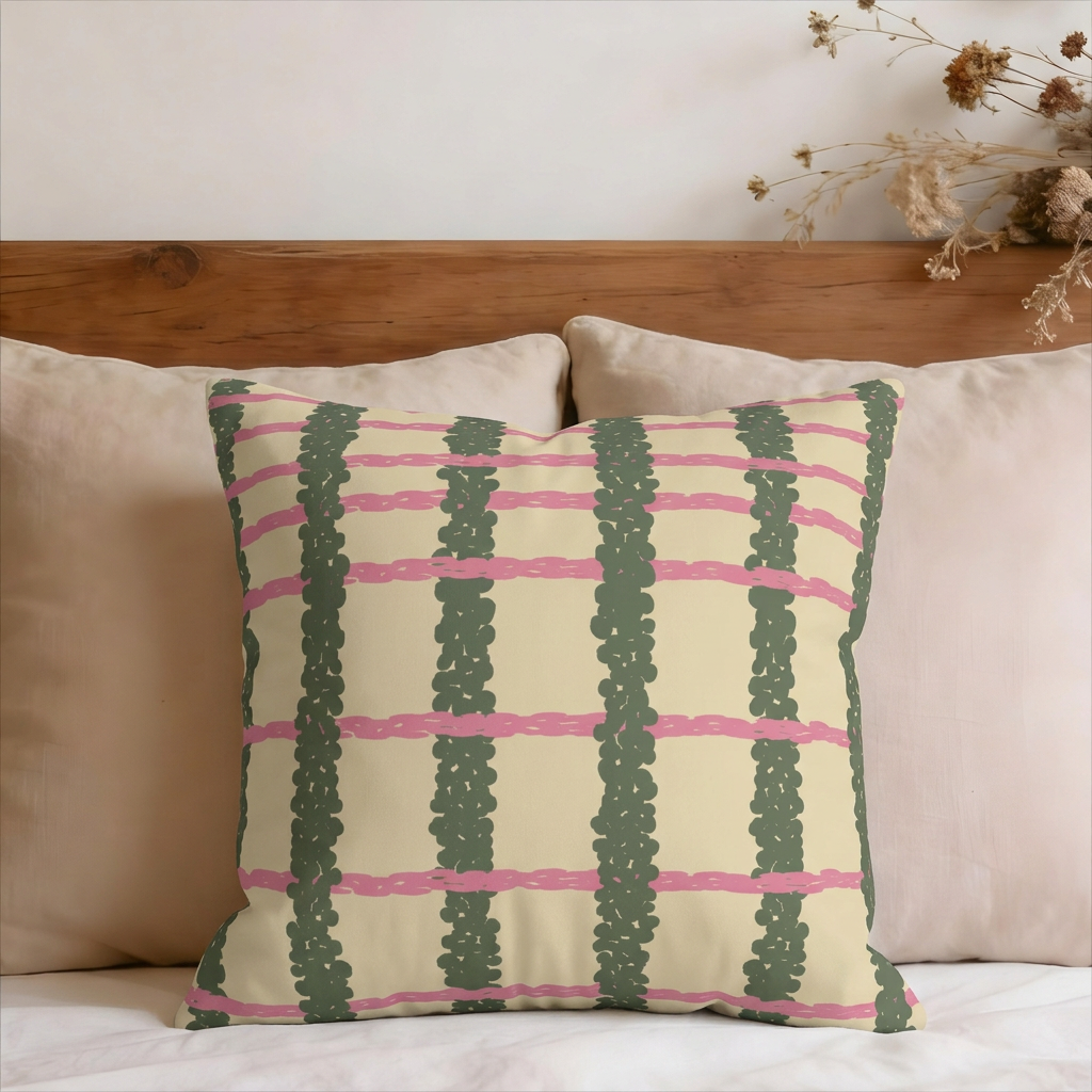 Pink & Olive Plaid Grid Faux Suede Pillow Cover