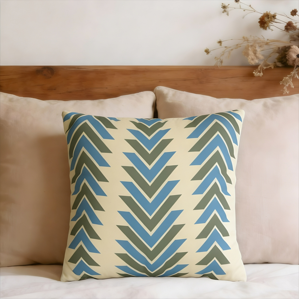Blue & Olive Geometric Chevron Arrows Faux Suede Pillow Cover