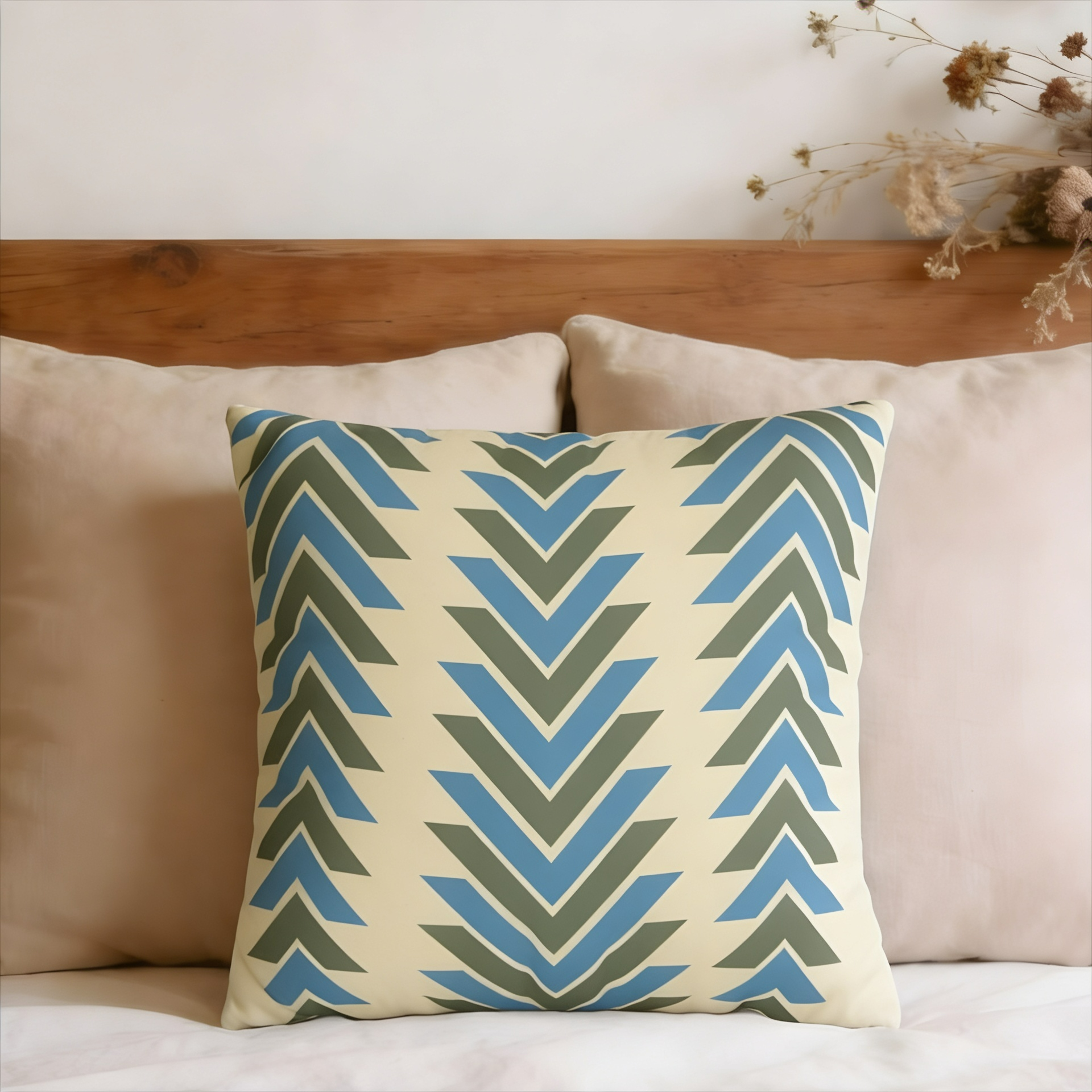 Blue & Olive Geometric Chevron Arrows Faux Suede Pillow Cover