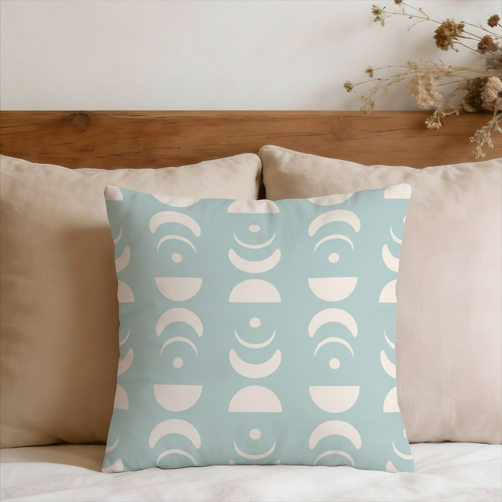 Moon Phase Pastel Blue Geometric Faux Suede Pillow Cover
