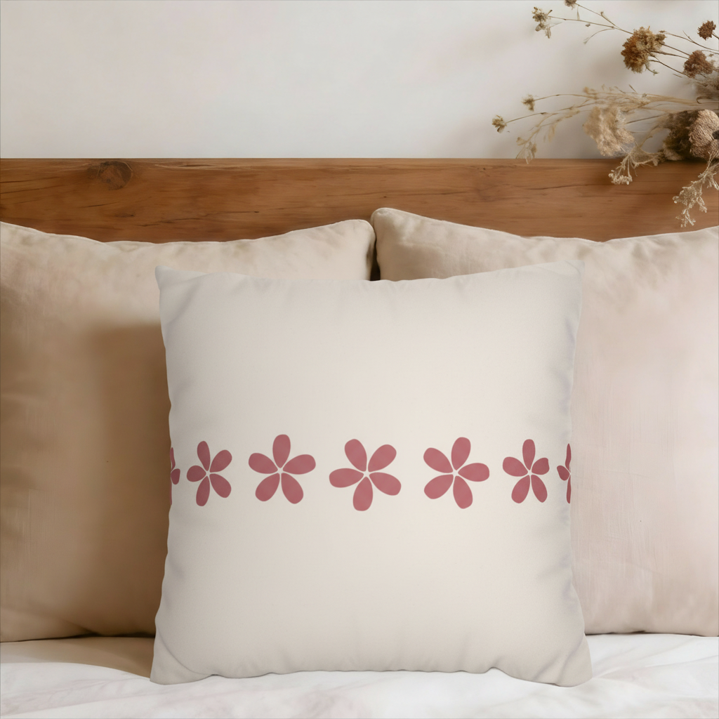 Pink Daisy Border Stripe Faux Suede Pillow Cover