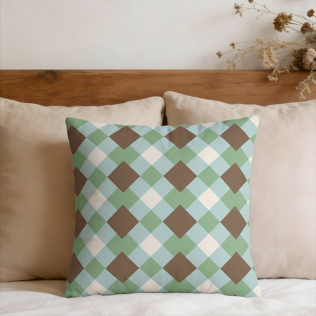 Mint & Brown Geometric Plaid Faux Suede Pillow Cover