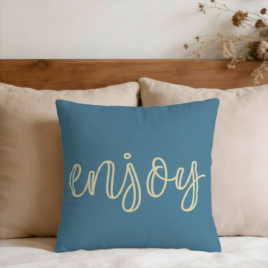 Blue Script Enjoy Faux Suede Pillow Cover