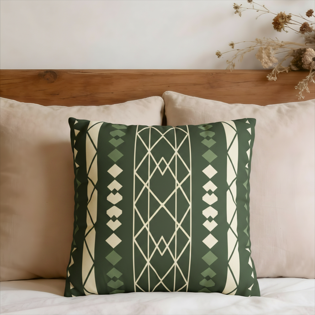Green and Creme Geometric Faux Suede Pillow Cover